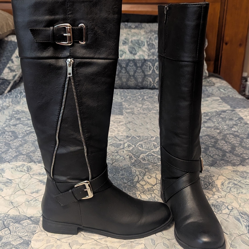 JustFab Black Over the Knee Boots with Buckle Detail